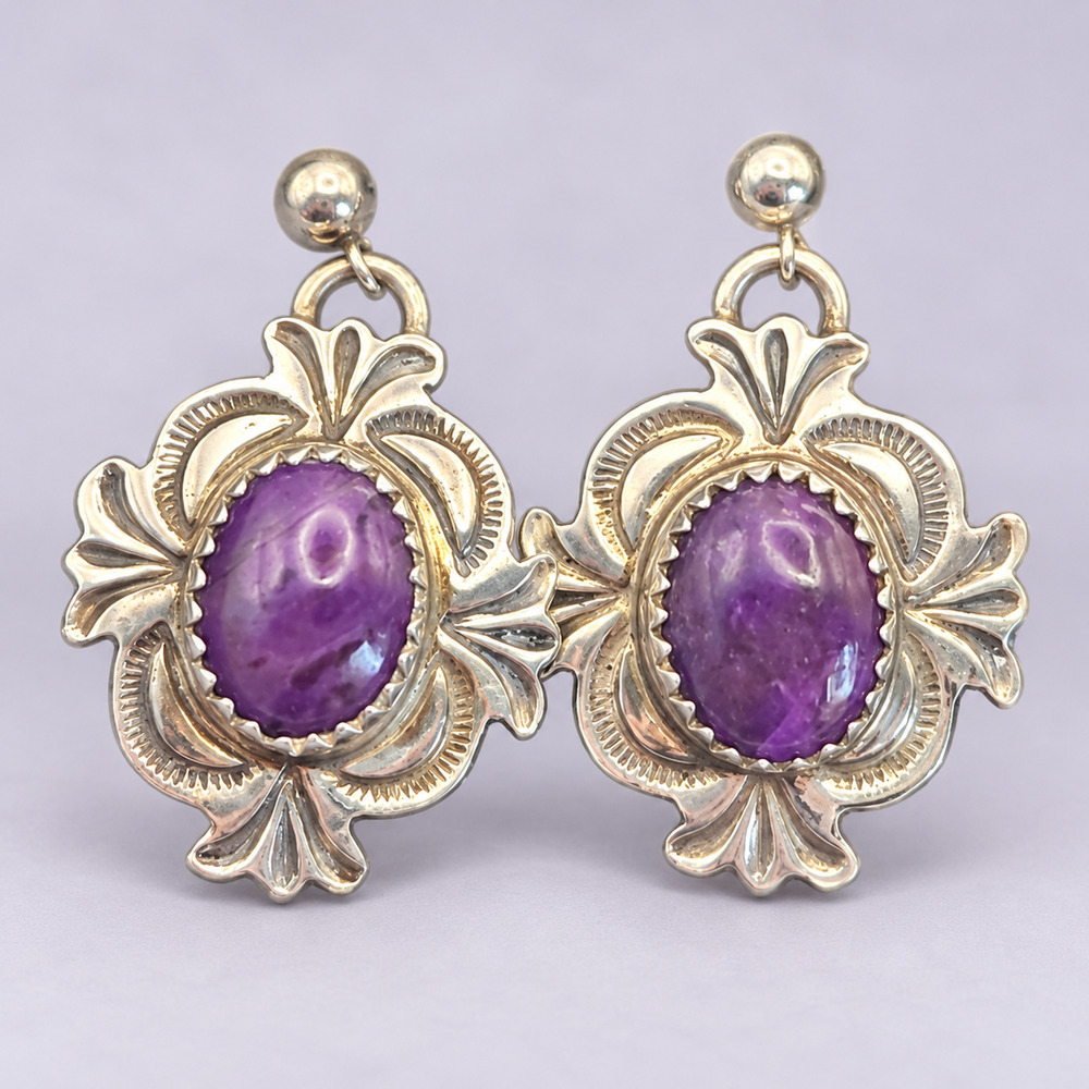 Alex Sanchez Sterling Silver Purple Sugilite Dangle Earrings Navajo Zuni Signed